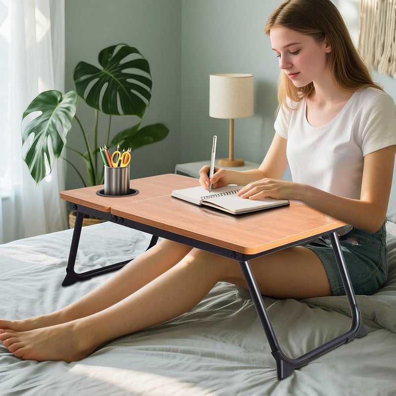wishacc Adjustable Laptop Bed Table with Book Stand, Portable Reading Desk with Side Panel, Wood Grain - Image 4